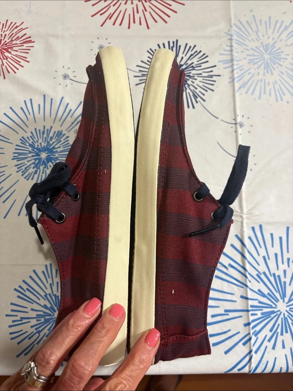 Vans Men’s Burgundy and Navy Striped Surf Siders